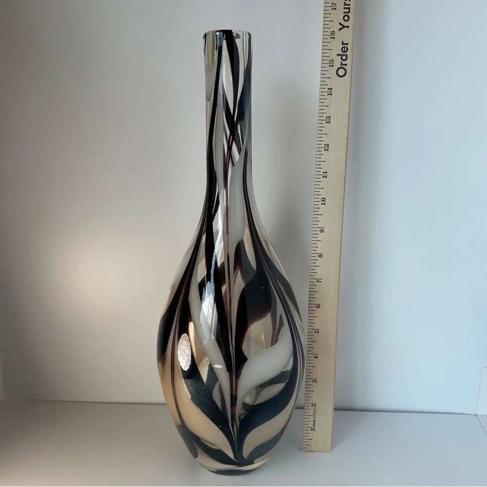 Brown and White Ivory Swirl Long‎ Neck Murano Style Vase Glass Art Decor